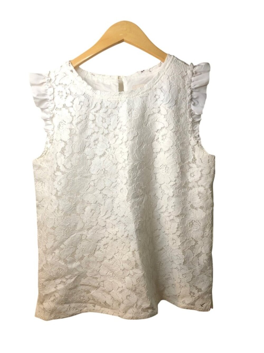LOFT- WOMENS WHITE LACE LINED CREW NECKBACK BUTTON CLOSURE BLOUSE TOP SIZE SMALL